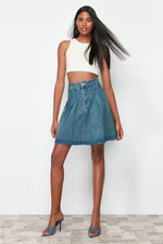 Trendyol Blue Pleated Mini Denim Skirt