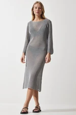 Happiness İstanbul Women's Gray Openwork Transparent Long Knitwear Dress