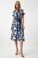 Happiness İstanbul Women's Navy Blue Floral Summer Slim Viscose Dress