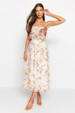 Trendyol Ecru Floral Patterned Waist Opening Straps Maxi Lined Chiffon Woven Dress