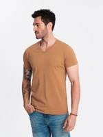 Ombre Men's BASIC classic cotton T-shirt with a v-neck - brown