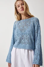 Happiness İstanbul Women's Sky Blue Boat Neck Openwork Seasonal Crop Knitwear Sweater