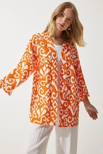 Happiness İstanbul Women's Orange Ecru Patterned Viscose Kimono