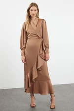 Trendyol Camel Skirt Ruffled Satin Woven Evening Dress