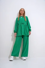 Trend Alaçatı Stili Women's Emerald Green Crew Neck Self-Belt Palazzo Trousers Tunic Suit