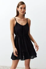 Trendyol Black Belted Mini Woven Ruffle Beach Dress