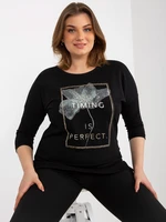 Black plus size blouse with appliqué and lettering