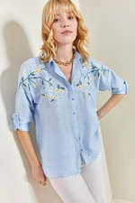 Bianco Lucci Women's Daisy Embroidered Sleeve Fold Ayrobin Linen Shirt