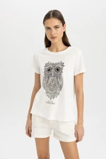 DEFACTO Regular Fit Crew Neck Owl Patterned Combed Cotton Short Sleeve T-Shirt