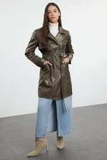 Trendyol Dark Khaki Faux Leather Regular Trench Coat