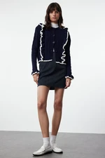 Trendyol Navy Blue Crop Soft Texture Ruffle Detailed Crew Neck Knitwear Cardigan