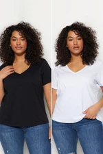 Trendyol Curve Black-White 2-Pack Basic 100% Cotton Knitted T-Shirt