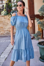 Dámske indigo šaty Armonika s elastickým pásom a ramienkami
