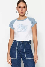 Trendyol Blue 100% Cotton Printed Fitted/Simple Crop Crew Neck Knitted T-Shirt