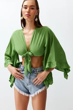 Trendyol Green Crop Woven Tie Blouse