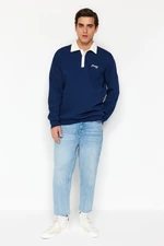 Trendyol Navy Blue Regular/Normal Cut Polo Neck Embroidered Cotton Sweatshirt with Fleece Inside