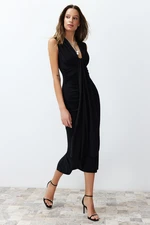 Trendyol Black Fitted Draped Knitted Elegant Evening Dress