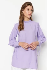 Trendyol Lilac Woven Cotton Tunic with Ruffle Shoulder and Cuff