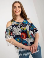Dark blue summer blouse with print and fringe