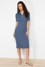 Trendyol Indigo Midi Knitwear Polo Collar Dress