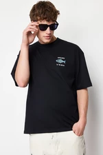 Trendyol černé oversize/široké tričko s potiskem z 100% bavlněného sametu