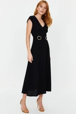 Trendyol Black Belted Skirt Waist Opening Midi Crepe Woven Dress