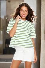 Trendyol Green Striped 100% Cotton Asymmetric Loose/Comfort Fit Knitted T-Shirt