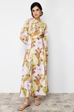 Trendyol Yellow Floral Patterned Flared Skirt Cotton Woven Dress