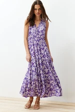 Trendyol Dark Purple Floral A-line V-Neck Sleeveless A-Line Polyester Camisole Maxi Dress