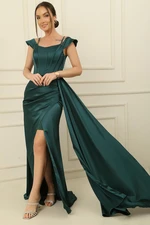 By Saygı Rope Straps Off Shoulders Underwire Lined Satin Long Dress with Side Slit