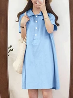 Cotton Button Lapel Ruched Short Sleeve Casual Midi Dress
