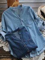 Women Casual Buttons Adjustable Sleeve Denim Blouse