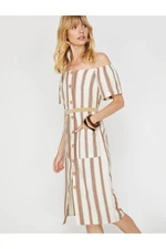 Koton Striped Belt Detailed Linen Dress