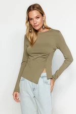 Trendyol Khaki Single Slit Detailed Cotton Gathered Crew Neck Knitted Blouse