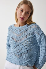 Happiness İstanbul Women's Sky Blue Boat Neck Summer Summer Openwork Knitwear Sweater