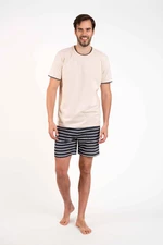 Men's pyjamas Lars, short sleeves, short legs - beige/graphite print