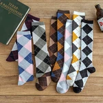 Women Socks Keep Warm Rhombus Pattern Autumn Winter Japanese Style 1Pair College Style Cotton Knee-high Socks