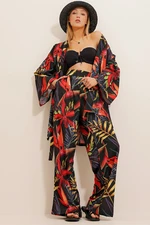 Trend Alaçatı Stili Women's Black Patterned Kimono Jacket And Palazzo Woven Pants Suit