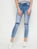 Denim jeans decorated with pearls and rhinestones blue