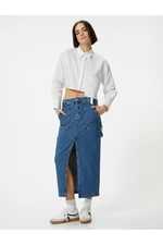 Koton Long Denim Skirt Front Slit Detailed Pocket Cotton