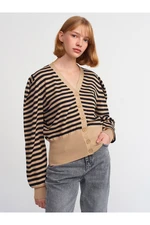 Dilvin 60181 V-Neck Striped Cardigan-kbeige-black