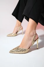 LuviShoes OVERAS Gold Sequined Pointed Toe Women's Thin Heeled Evening Shoes