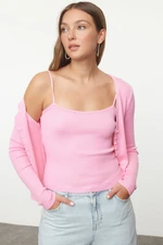 Trendyol Pink Crop Blouse-Cardigan Set Thin Knitted Cardigan