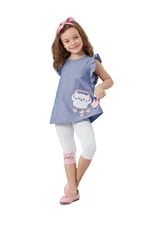 Denokids Frilly Cat Girl's Blue White Summer T-shirt Tunic Tights Set