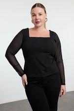 Trendyol Curve Black Bodycone Tulle Detailed Knitted Chic Blouse