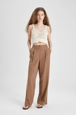 DEFACTO Linen Blend Trousers Wide Leg Double Pocket High Waist Wide Leg