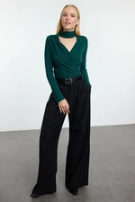 Trendyol Emerald Green Tie Detailed Wrap Double Breasted Neck Slim/Fitting Knitted Bodysuit