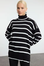 Trendyol Black Striped Wide Cut Long Knit Sweater