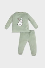 DEFACTO Baby Girl Rabbit Printed Long Sleeve Top Long Bottom Velour Pajama Set