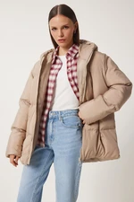 Happiness İstanbul Women's Beige Hooded Oversized Puffer Coat